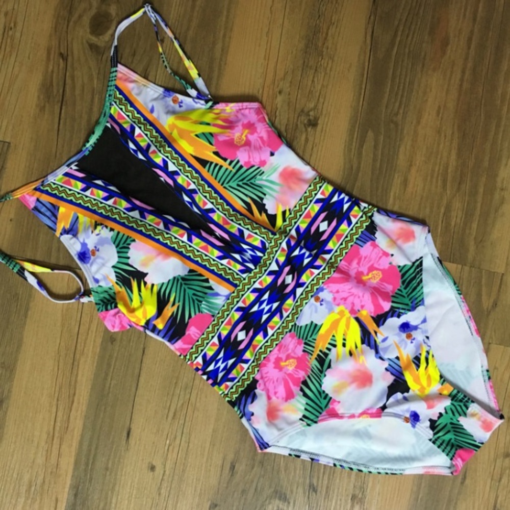 Floral Mesh V-neck One Piece Swimsuit